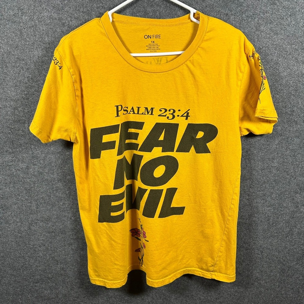 On Fire Fear No‎ Evil Yellow Graphic T-Shirt Womens 1X Religious Cotton Psalms - Picture 2 of 10